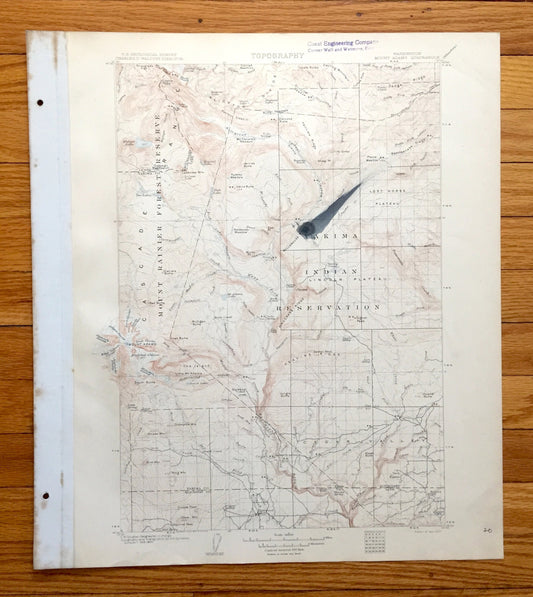 Antique Mount Adams, Washington 1907 US Geological Survey Topographic Map – Yakima, Klickitat County, Mt Rainier National Park, Lewis, WA