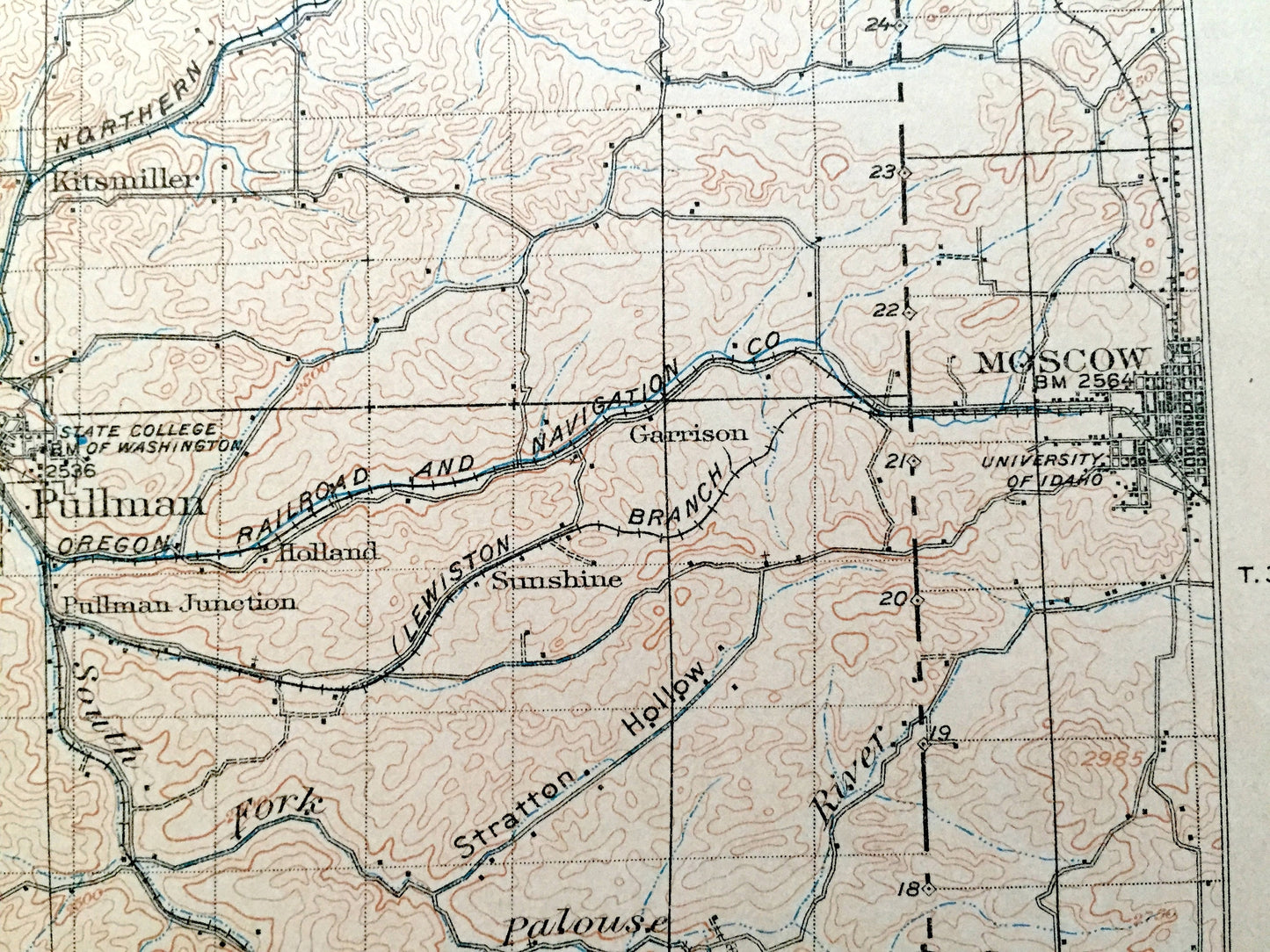 Antique Pullman, Washington 1910 US Geological Survey Topographic Map – Whitman, Garfield County, Colfax, Palouse, Moscow, Idaho, WA ID