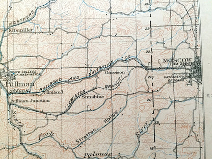 Antique Pullman, Washington 1910 US Geological Survey Topographic Map – Whitman, Garfield County, Colfax, Palouse, Moscow, Idaho, WA ID