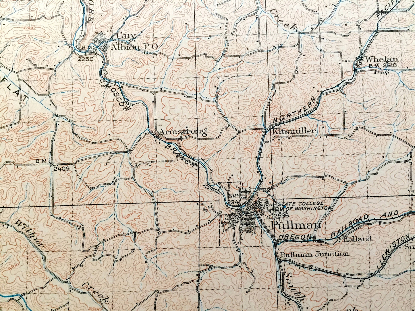 Antique Pullman, Washington 1910 US Geological Survey Topographic Map – Whitman, Garfield County, Colfax, Palouse, Moscow, Idaho, WA ID