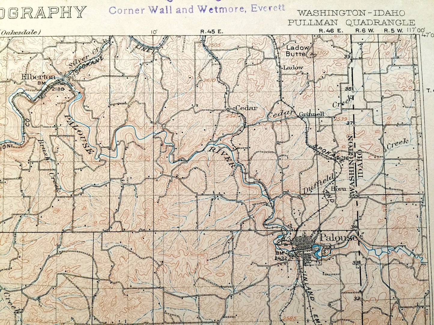 Antique Pullman, Washington 1910 US Geological Survey Topographic Map – Whitman, Garfield County, Colfax, Palouse, Moscow, Idaho, WA ID
