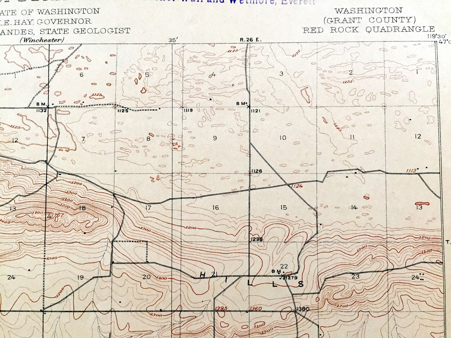 Antique Red Rock, Washington 1911 US Geological Survey Topographic Map – Grant County, Royal City, Crab Creek, Saddle Mountains, WA