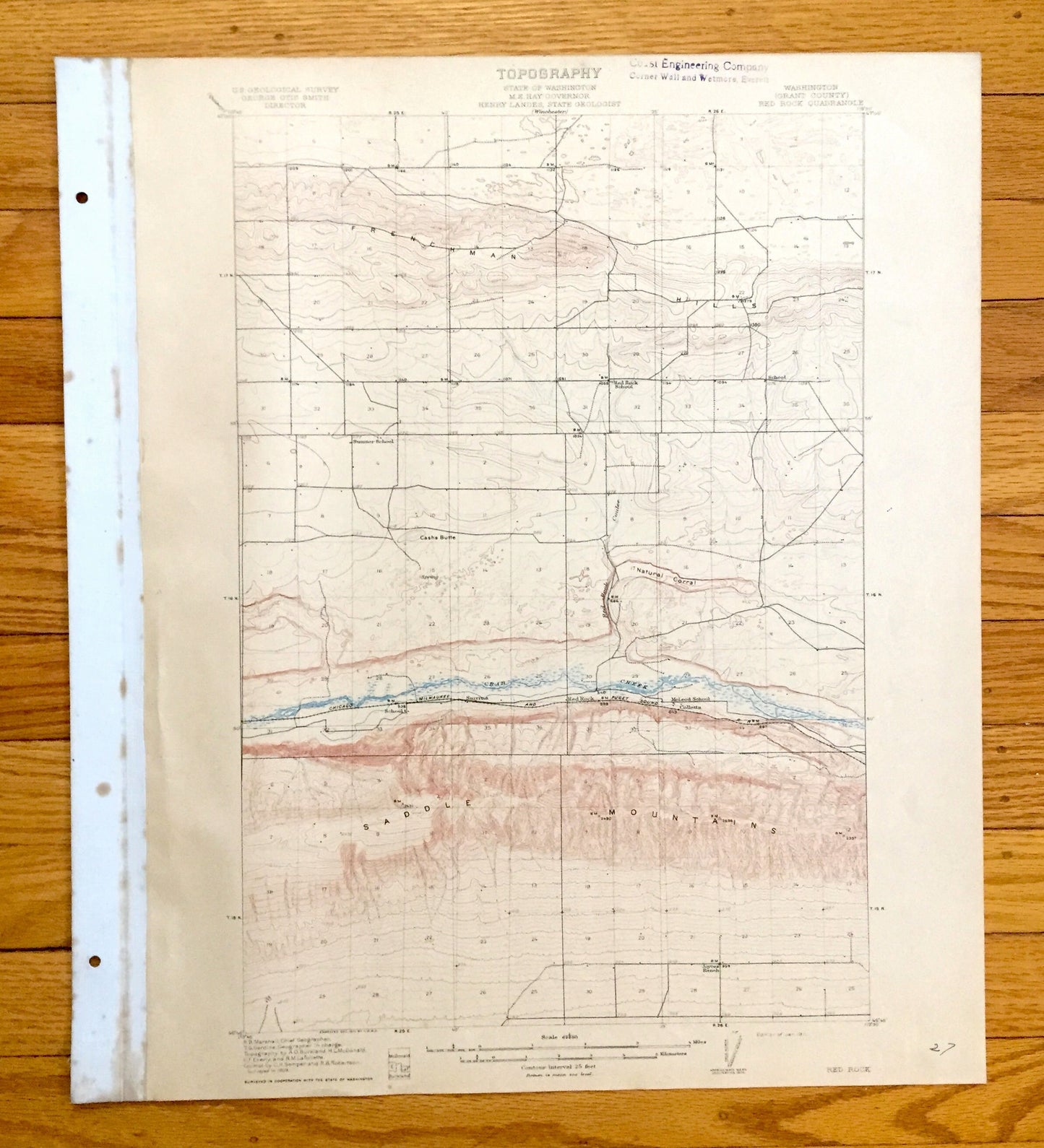 Antique Red Rock, Washington 1911 US Geological Survey Topographic Map – Grant County, Royal City, Crab Creek, Saddle Mountains, WA