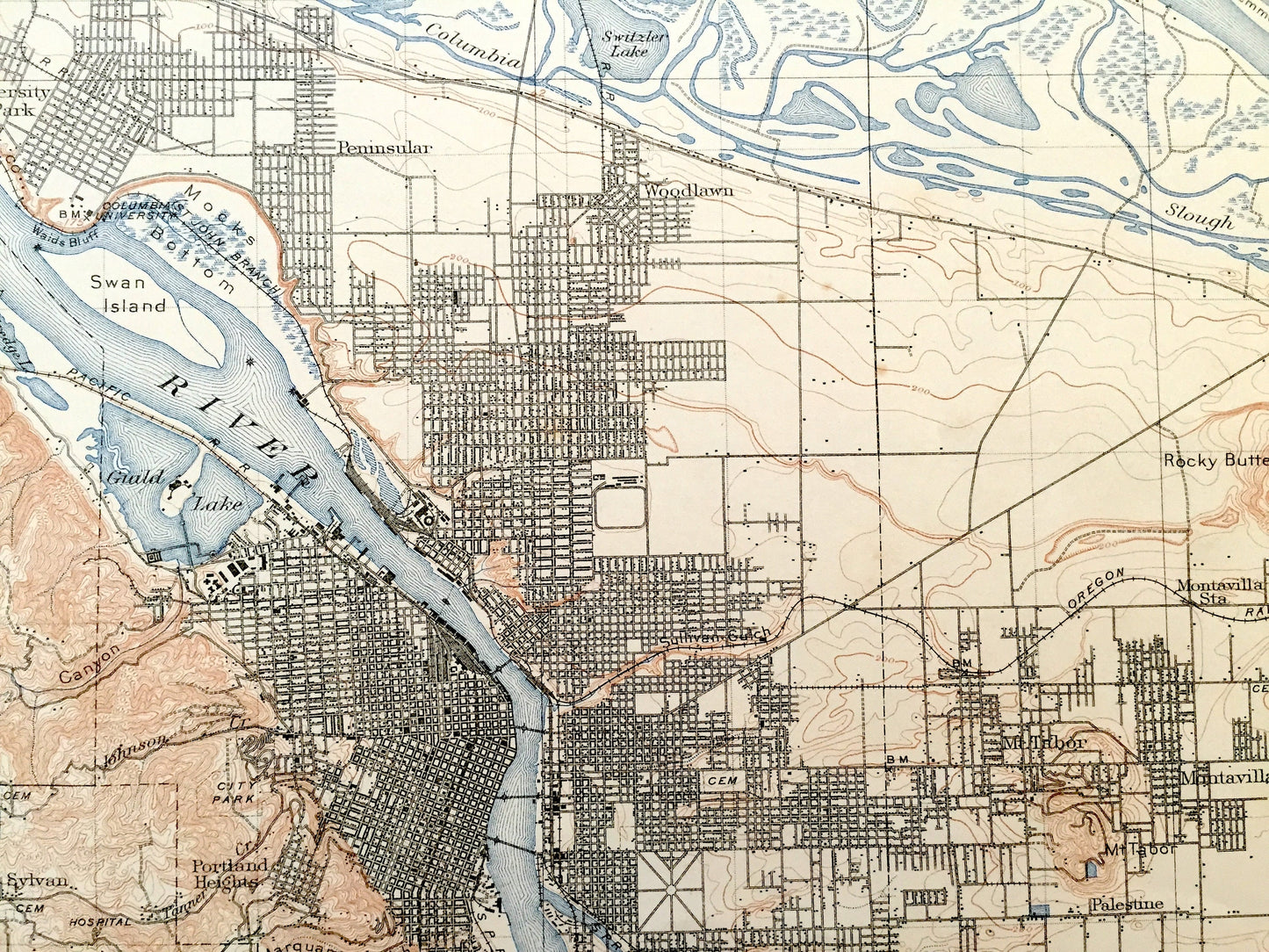 Antique Portland, Oregon 1905 US Geological Survey Topographic Map – Vancouver, Woodlawn, Mt. Tabor, Columbia River, Willamette River, OR WA