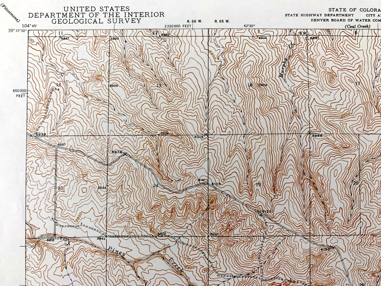 Antique Piney Creek, Colorado 1942 US Geological Survey Topographic Map – Arapahoe, Douglas, Elbert County, Baldwin Gulch, Sulphur Gulch, CO