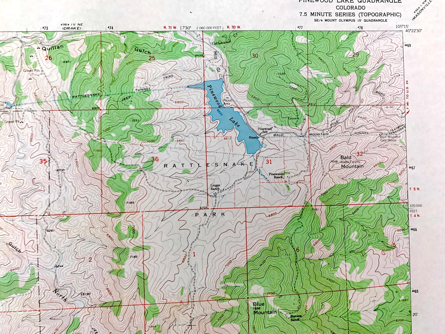 Antique Pinewood Lake, Colorado 1962 US Geological Survey Topographic Map – Larimer, Boulder County, Roosevelt National Forest, Reservoir CO