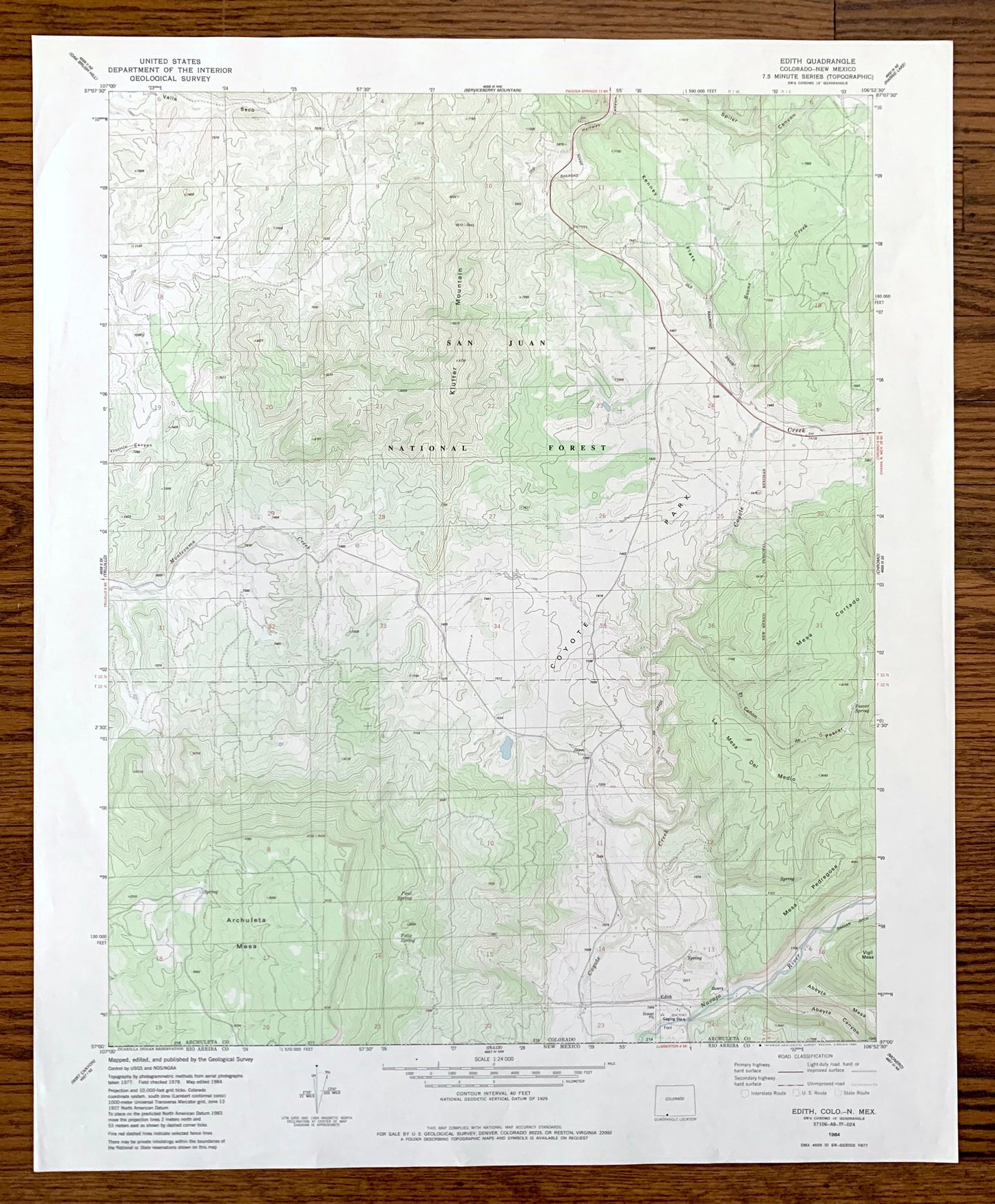 Antique Edith, Colorado 1984 US Geological Survey Topographic Map – Archuleta County, San Juan National Forest, CO, Rio Arriba County, NM