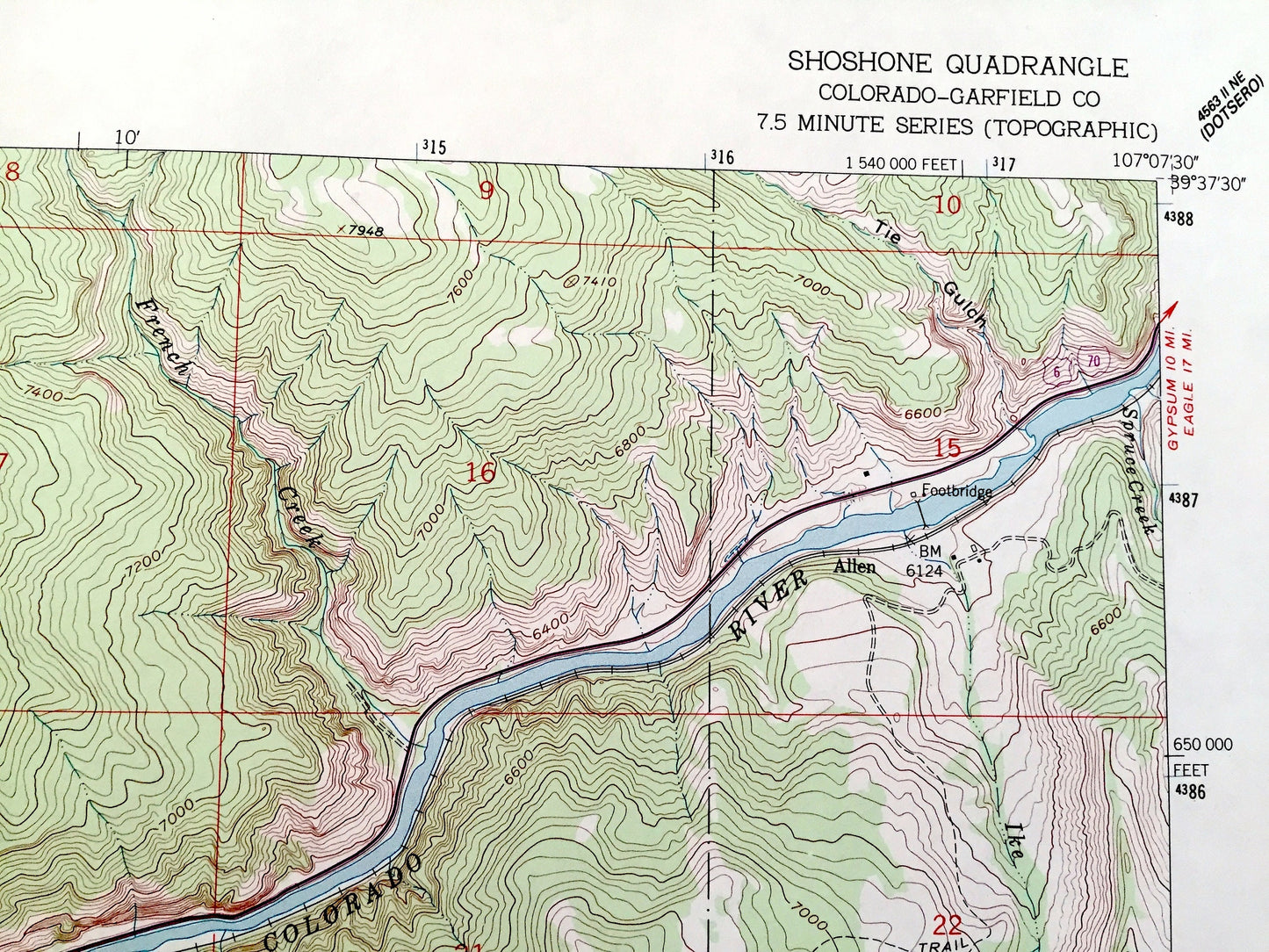 Antique Shoshone, Colorado 1961 US Geological Survey Topographic Map – White River National Forest, Glenwood Canyon, Colorado River, CO