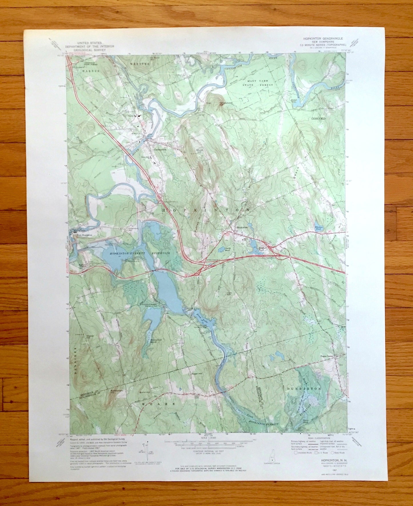 Antique Hopkinton, New Hampshire 1967 US Geological Survey Topographic Map – Merrimack, Hillsborough County, Contoocook, Everett Lake, NH