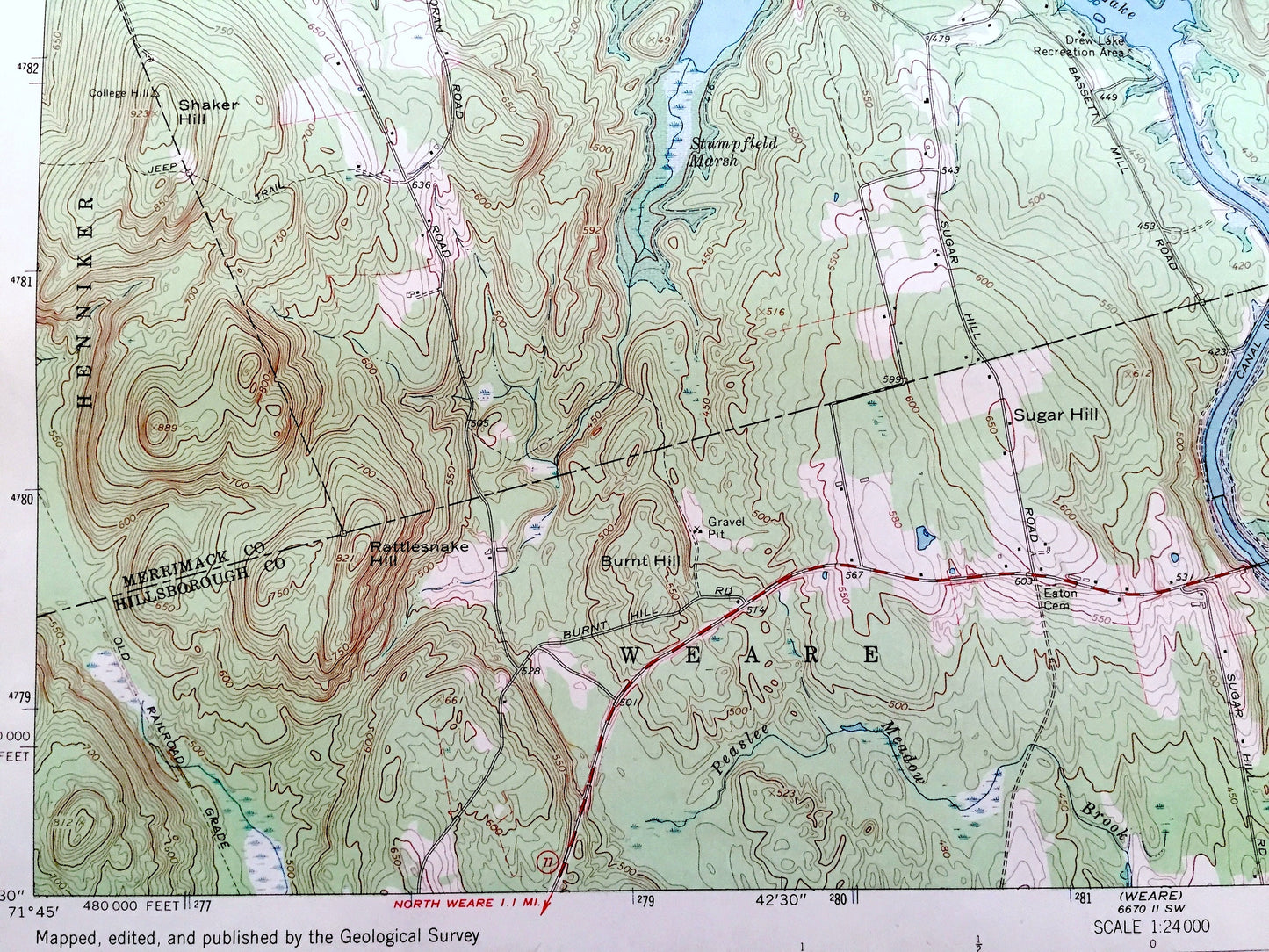 Antique Hopkinton, New Hampshire 1967 US Geological Survey Topographic Map – Merrimack, Hillsborough County, Contoocook, Everett Lake, NH