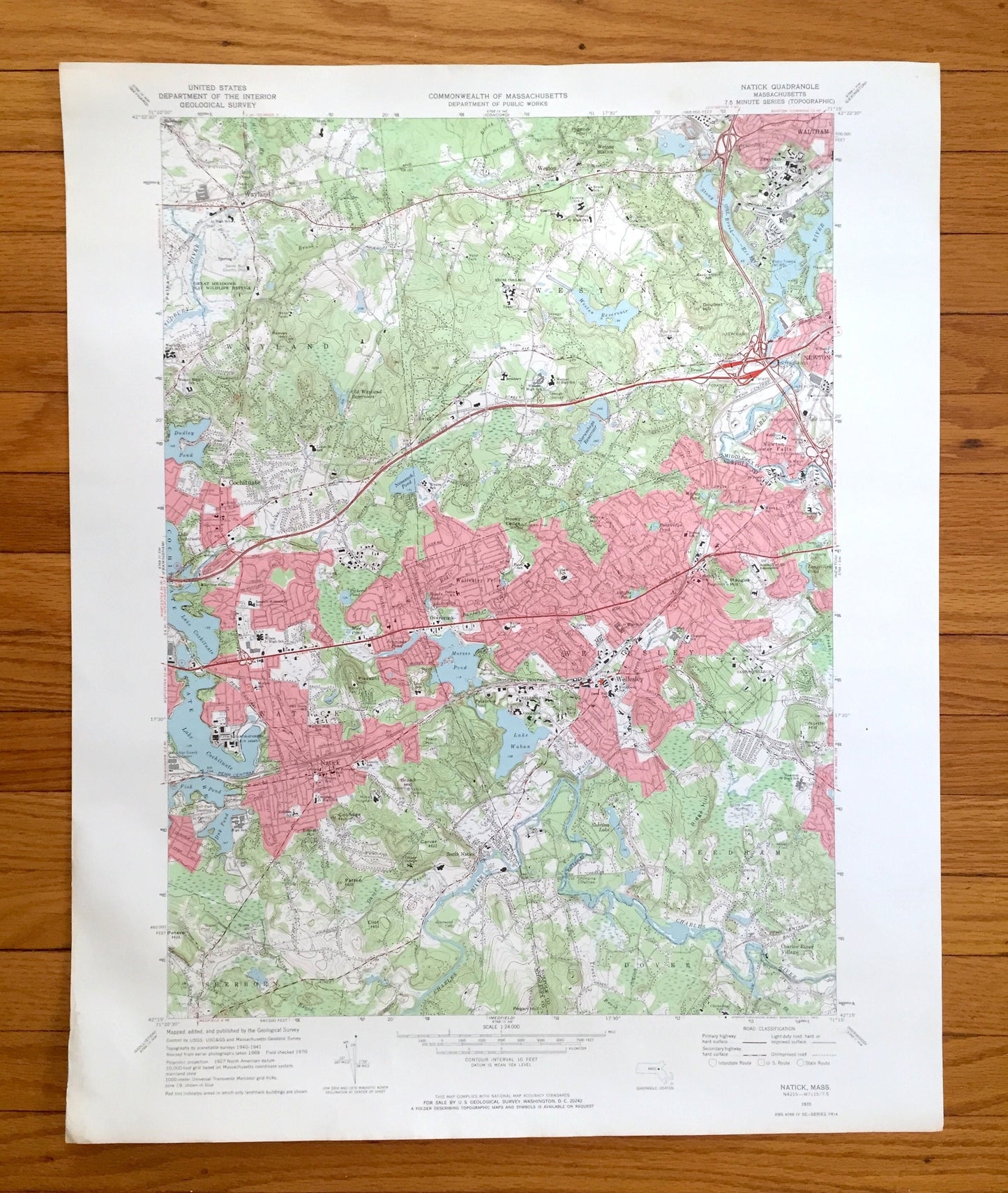 Antique Natick, Massachusetts 1970 US Geological Survey Topographic Map – Wellesley, Wayland, Weston, Waltham Needham Cochituate Sherburn MA