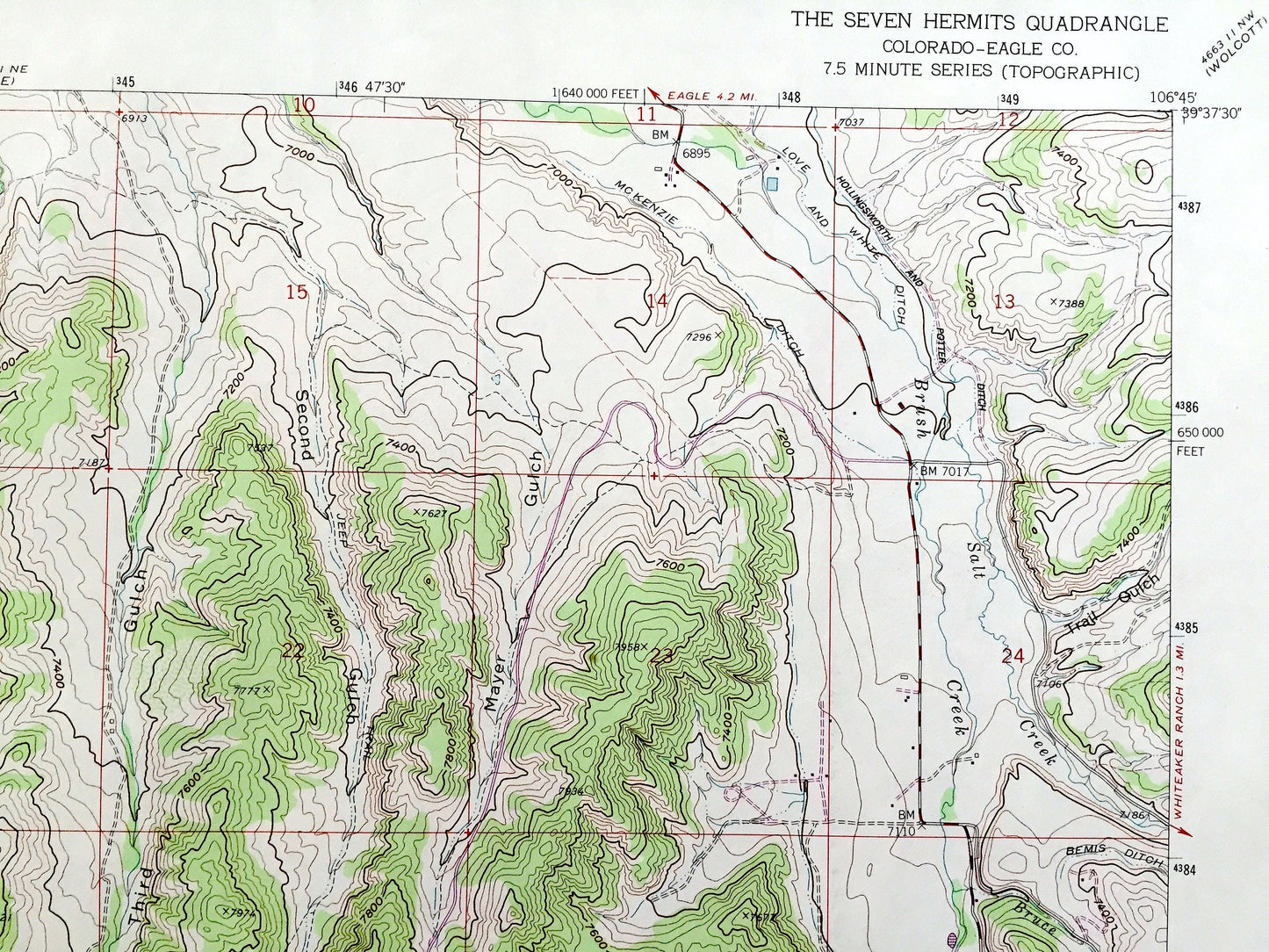 Antique The Seven Hermits, Colorado 1962 US Geological Survey Topographic Map – White River National Forest, Eagle County, Rockies, 7, CO