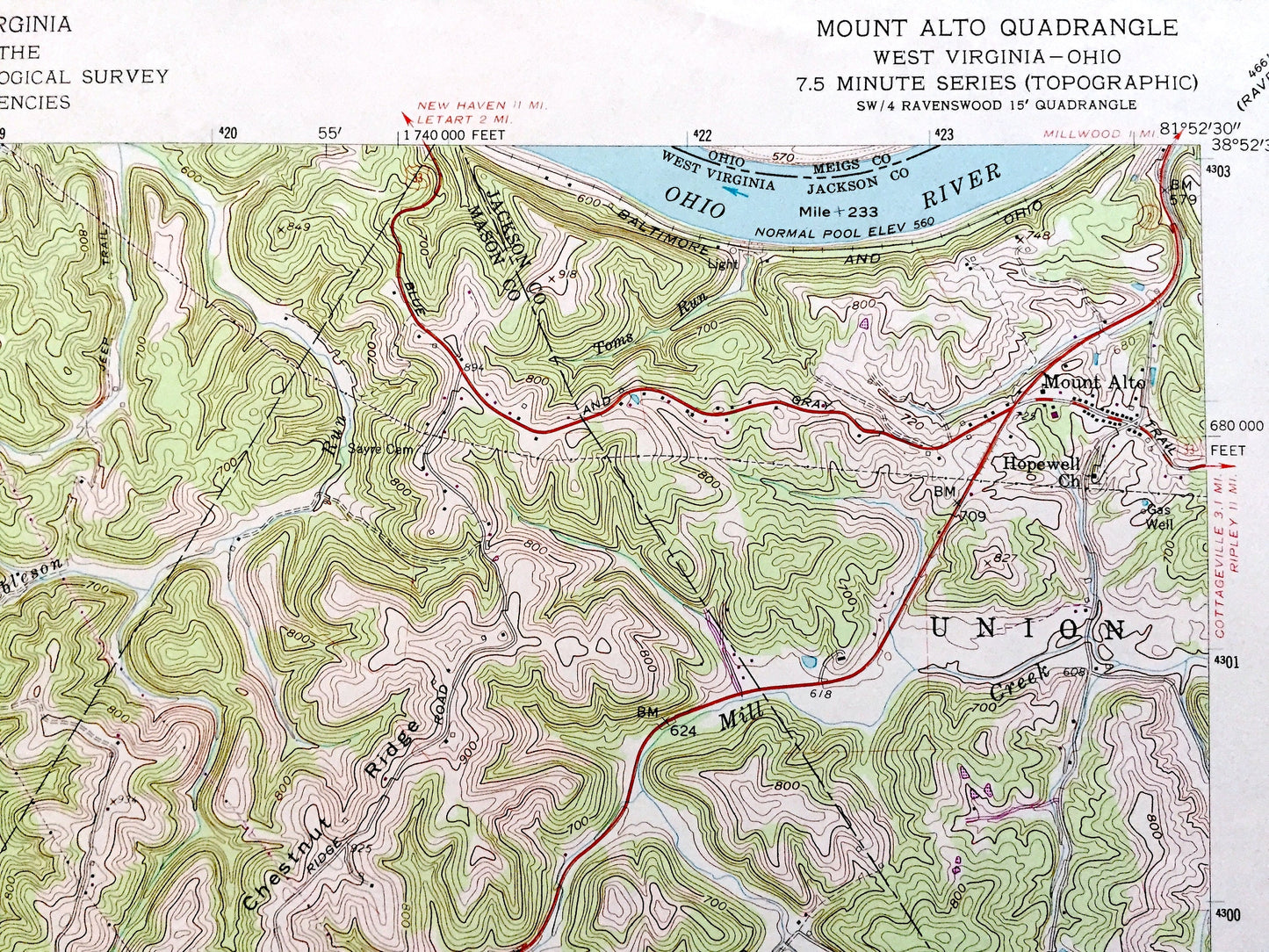 Antique Mount Alto, West Virginia 1958 US Geological Survey Topographic Map –  Arbuckle, Leon, Rollins, Harvey Chapel, Union, Baden, WV OH