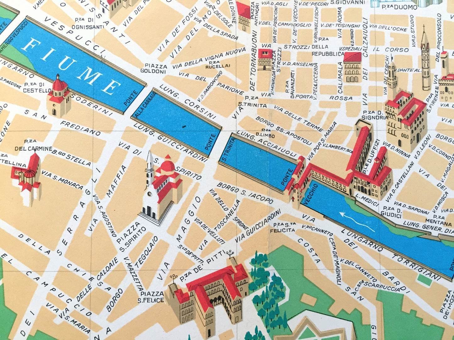 Antique 1970 Pictorial Map of Florence, Italy from Aziendo Autonoma Di Turismo – Firenze, Tuscany, River Arno, Uffizi, Michelangelo, Duomo