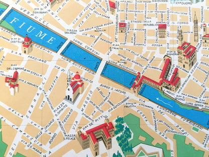 Antique 1970 Pictorial Map of Florence, Italy from Aziendo Autonoma Di Turismo – Firenze, Tuscany, River Arno, Uffizi, Michelangelo, Duomo