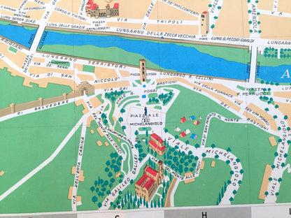 Antique 1970 Pictorial Map of Florence, Italy from Aziendo Autonoma Di Turismo – Firenze, Tuscany, River Arno, Uffizi, Michelangelo, Duomo