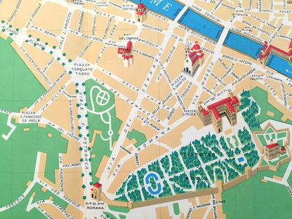 Antique 1970 Pictorial Map of Florence, Italy from Aziendo Autonoma Di Turismo – Firenze, Tuscany, River Arno, Uffizi, Michelangelo, Duomo