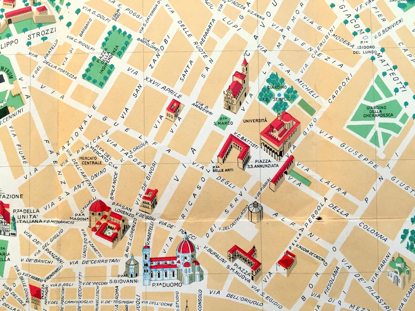 Antique 1970 Pictorial Map of Florence, Italy from Aziendo Autonoma Di Turismo – Firenze, Tuscany, River Arno, Uffizi, Michelangelo, Duomo