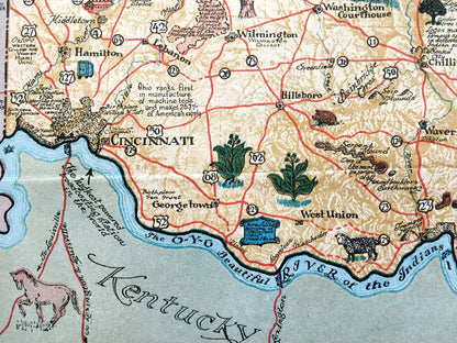 Antique 1934 Ohio State Cartographic Centennial Map – Columbus, Cleveland, Cincinnati, Akron, Dayton, Toledo, Chagrin Falls, Youngstown, OH