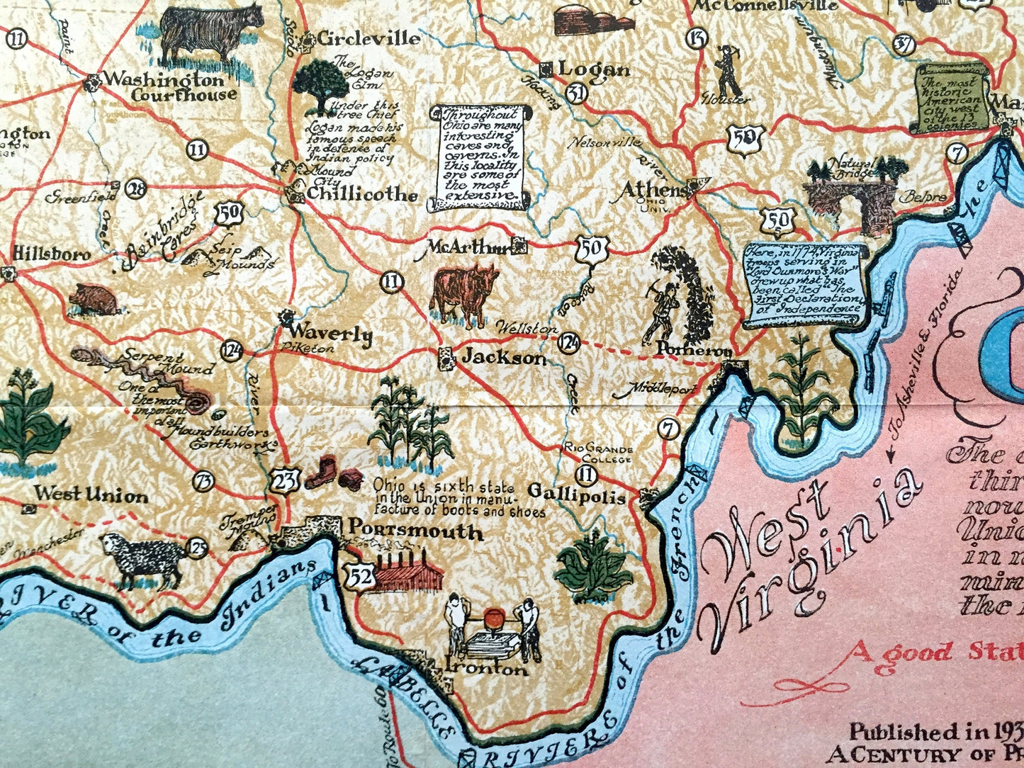 Antique 1934 Ohio State Cartographic Centennial Map – Columbus, Cleveland, Cincinnati, Akron, Dayton, Toledo, Chagrin Falls, Youngstown, OH