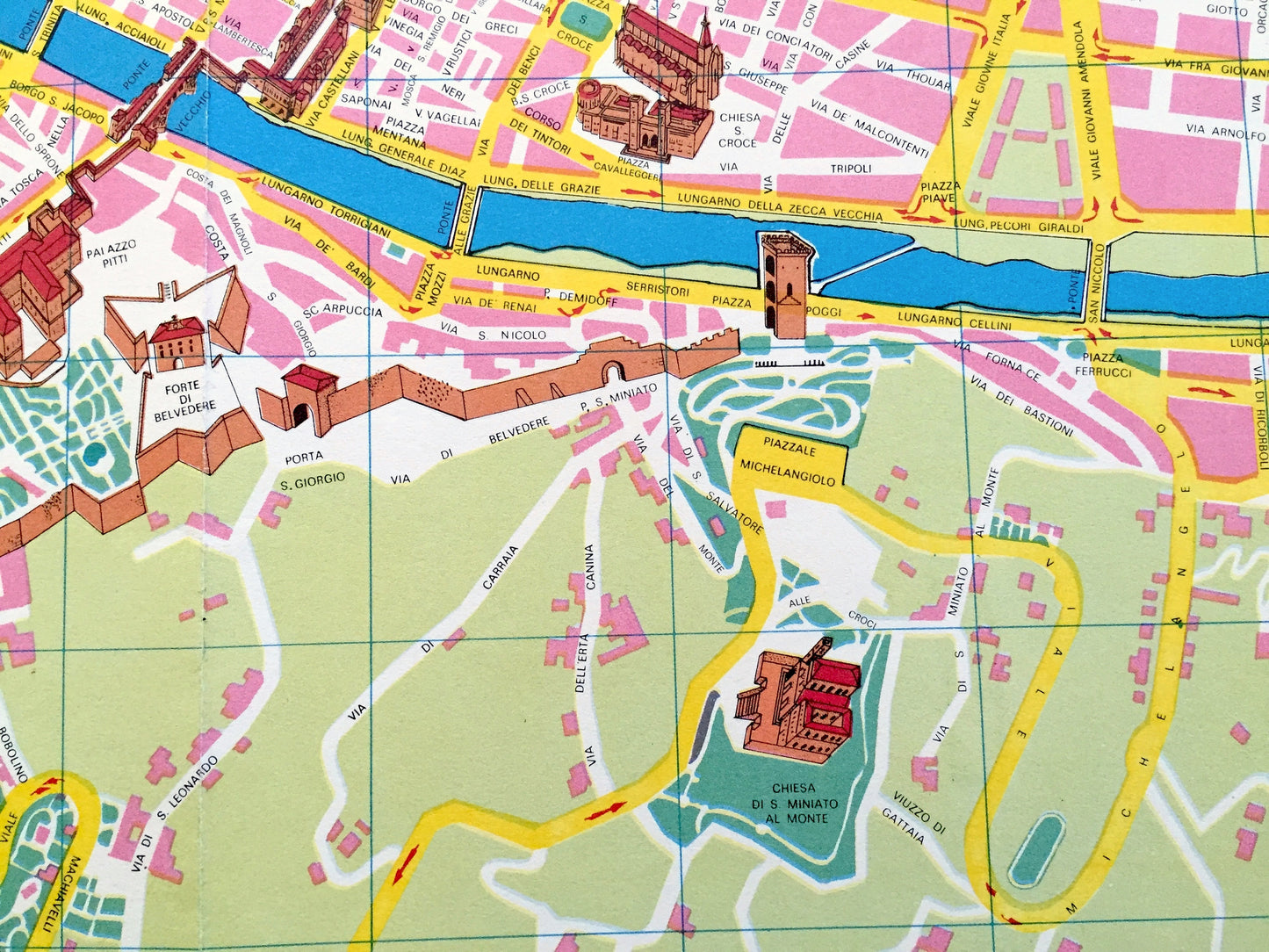 Antique 1960 Florence, Italy Pictorial Map from Aziendo Autonoma Di Turismo – Firenze, Tuscany, River Arno, Uffizi, Michelangelo, Duomo