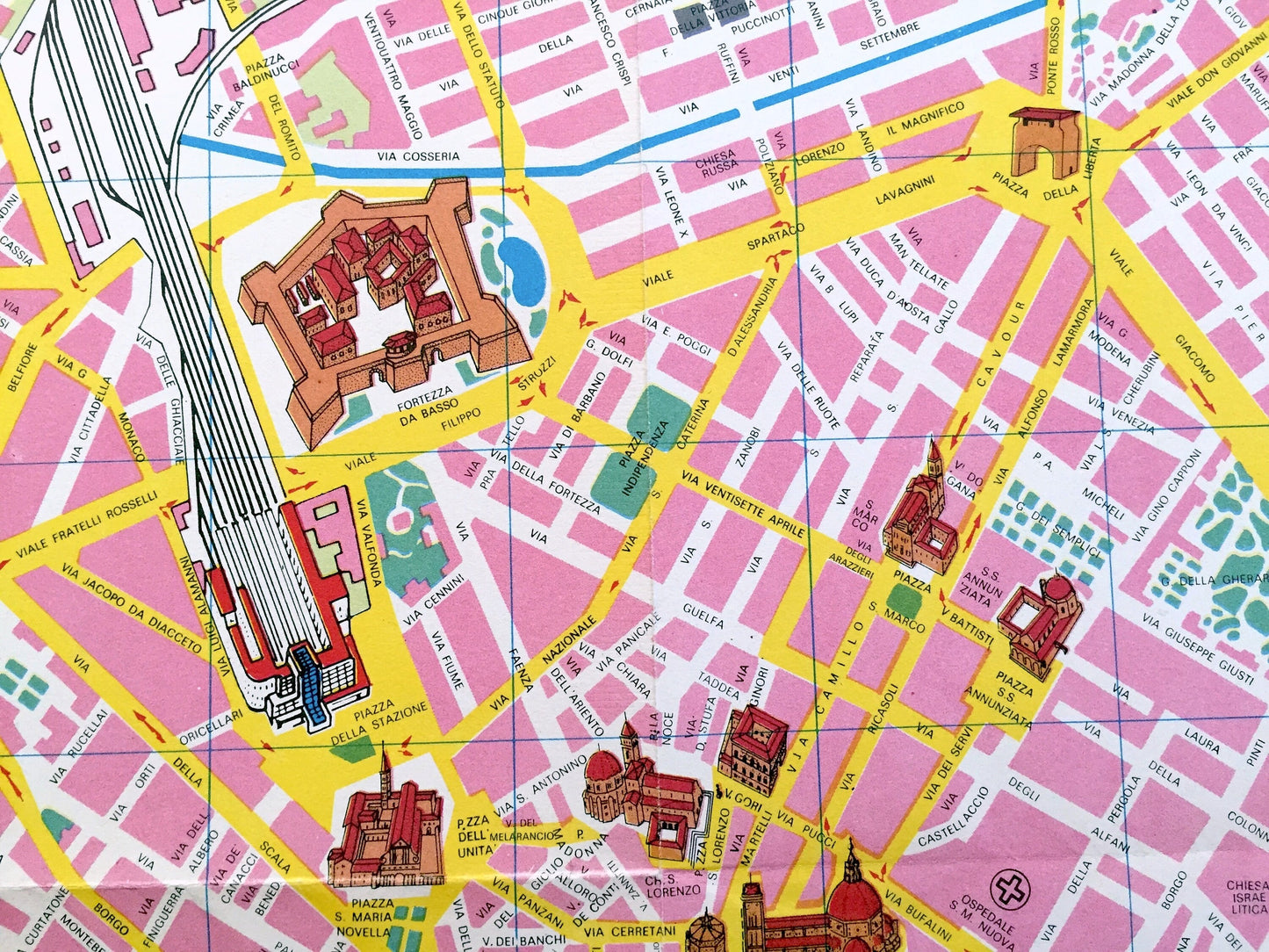 Antique 1960 Florence, Italy Pictorial Map from Aziendo Autonoma Di Turismo – Firenze, Tuscany, River Arno, Uffizi, Michelangelo, Duomo