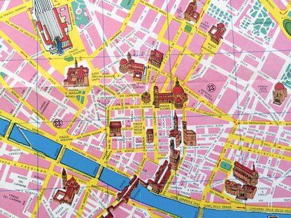 Antique 1960 Florence, Italy Pictorial Map from Aziendo Autonoma Di Turismo – Firenze, Tuscany, River Arno, Uffizi, Michelangelo, Duomo