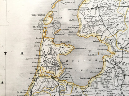 Antique 1850 Holland and Belgium Map by John Dower, Ward & Lock – Netherlands, France, Germany, Amsterdam, Brussels, Ghent, Hague, Texel