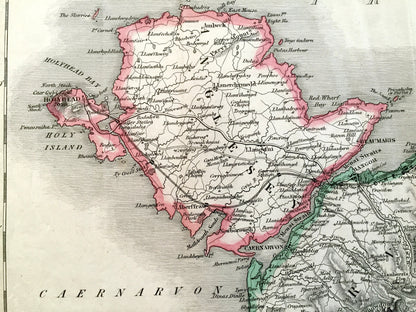 Antique 1836 Map of North Wales by John Bartholomew – United Kingdom, Cymru, Snowdonia, Anglesey, Gwynedd, Wrexham, Conwy, Powys, Rhyl, UK