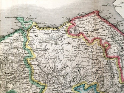 Antique 1836 Map of North Wales by John Bartholomew – United Kingdom, Cymru, Snowdonia, Anglesey, Gwynedd, Wrexham, Conwy, Powys, Rhyl, UK