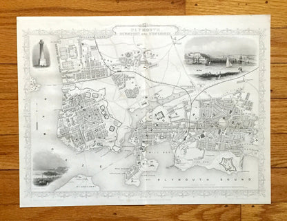 Antique 1851 Plymouth, England Map by John Rapkin from Tallis Atlas  – Exeter, Devonport, Stonehouse, Devon County, Great Britain, UK