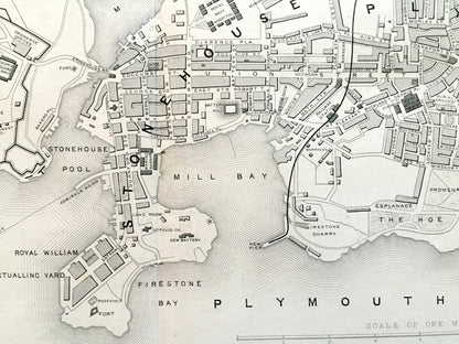 Antique 1851 Plymouth, England Map by John Rapkin from Tallis Atlas  – Exeter, Devonport, Stonehouse, Devon County, Great Britain, UK