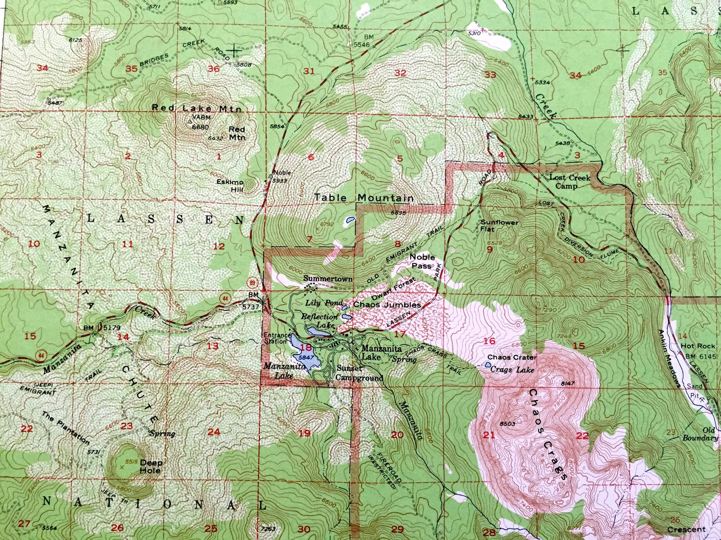 Antique Lassen Volcanic National Park, California 1957 US Geological Survey Topographic Map – Mineral, Manzanita Lake, Drakesbad, Shasta, CA