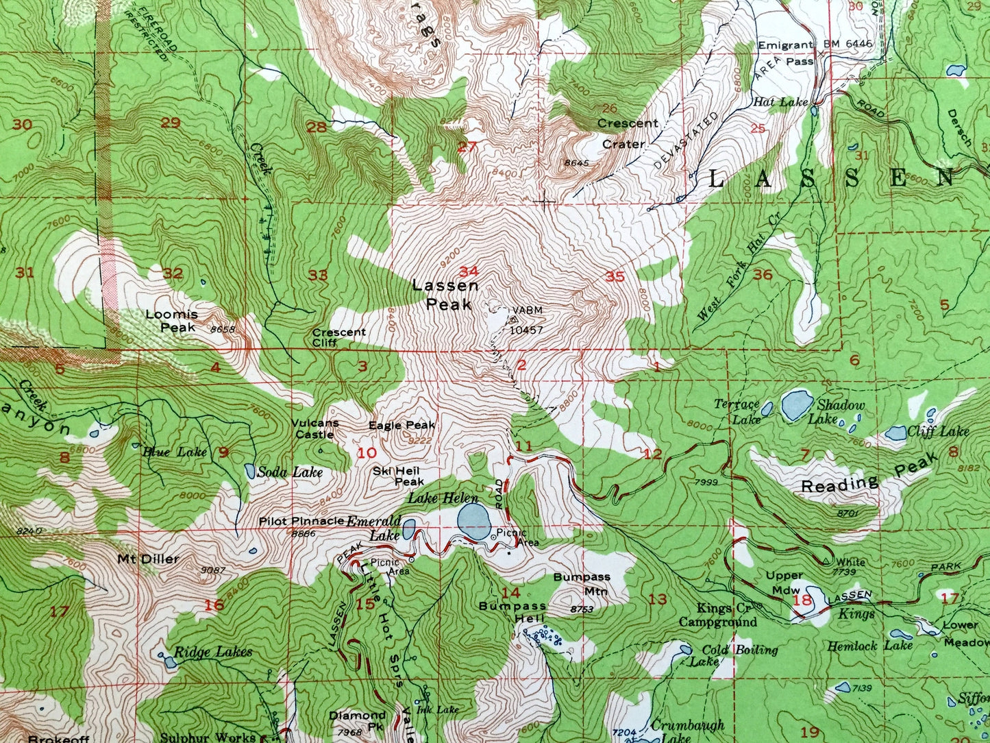 Antique Lassen Volcanic National Park, California 1957 US Geological Survey Topographic Map – Mineral, Manzanita Lake, Drakesbad, Shasta, CA