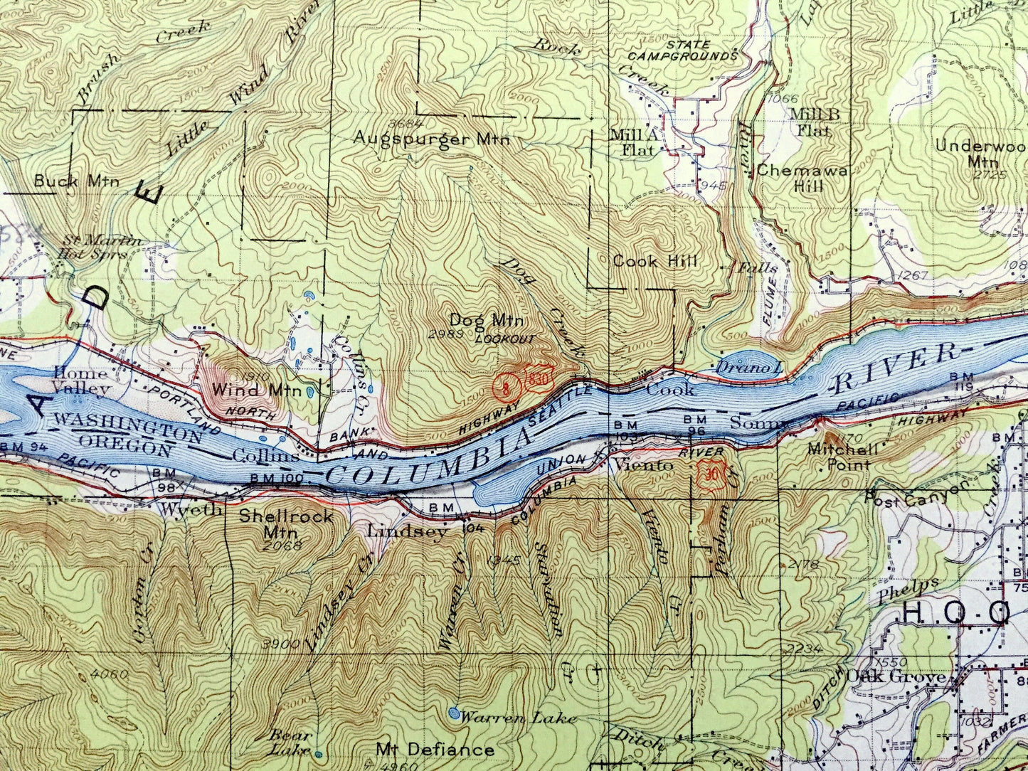 Antique Hood River, Oregon 1926 US Geological Survey Topographic Map – Skamania County, Columbia River, Cascade Range, Carson, Washington OR
