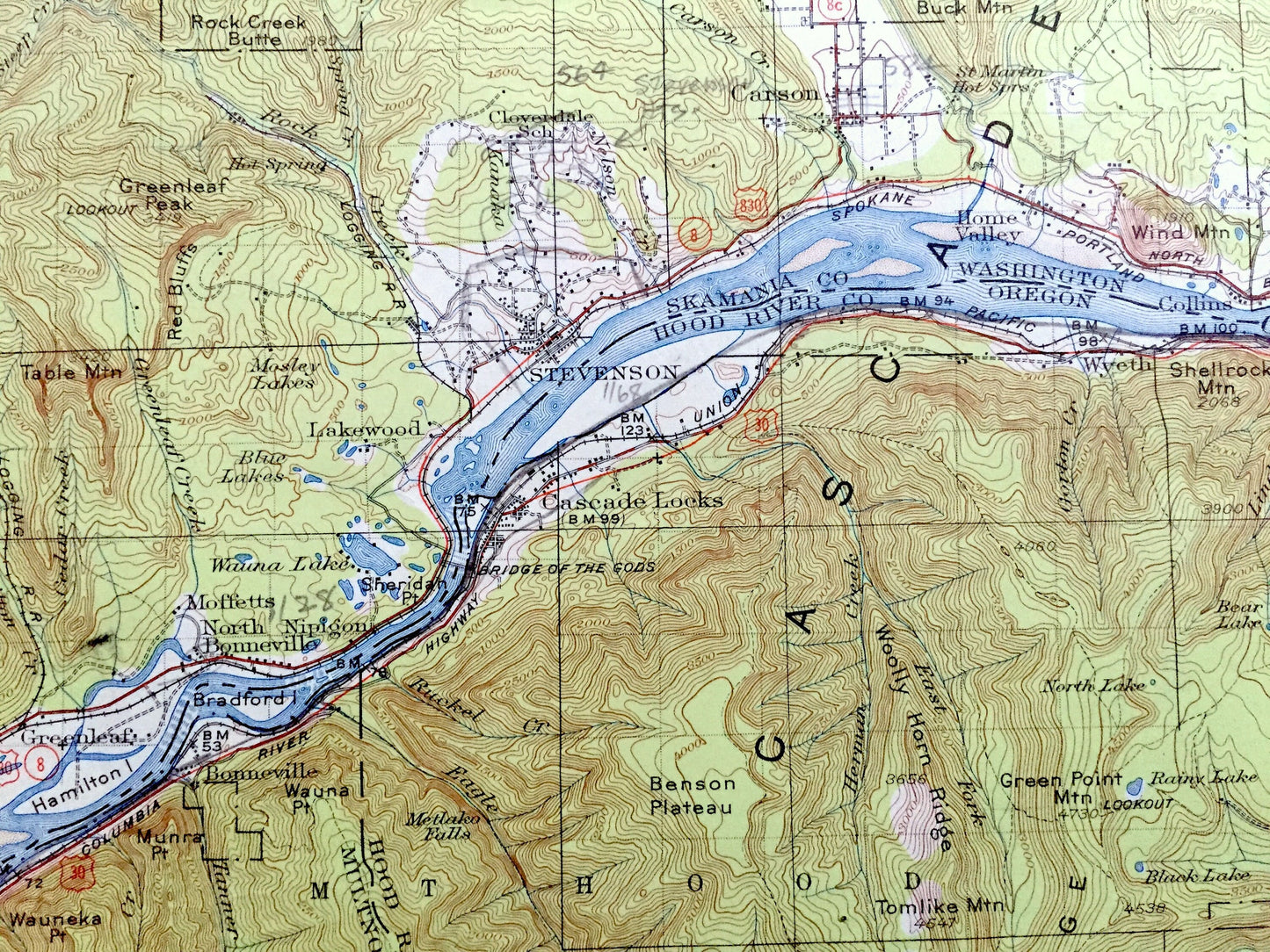 Antique Hood River, Oregon 1926 US Geological Survey Topographic Map – Skamania County, Columbia River, Cascade Range, Carson, Washington OR