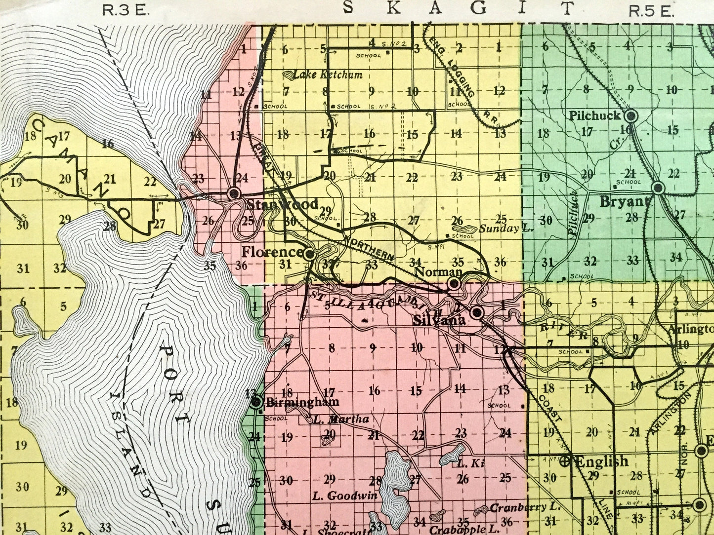 Antique Snohomish County, Washington early 1900's Kenyon Company Census Map – Everett, Marysville, Stanwood, Edmonds, Lynnwood, Sultan WA