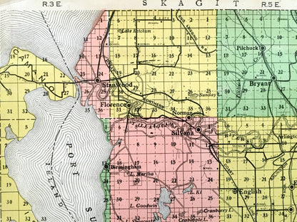 Antique Snohomish County, Washington early 1900's Kenyon Company Census Map – Everett, Marysville, Stanwood, Edmonds, Lynnwood, Sultan WA