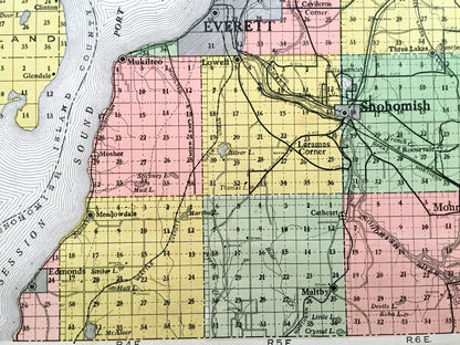 Antique Snohomish County, Washington early 1900's Kenyon Company Census Map – Everett, Marysville, Stanwood, Edmonds, Lynnwood, Sultan WA