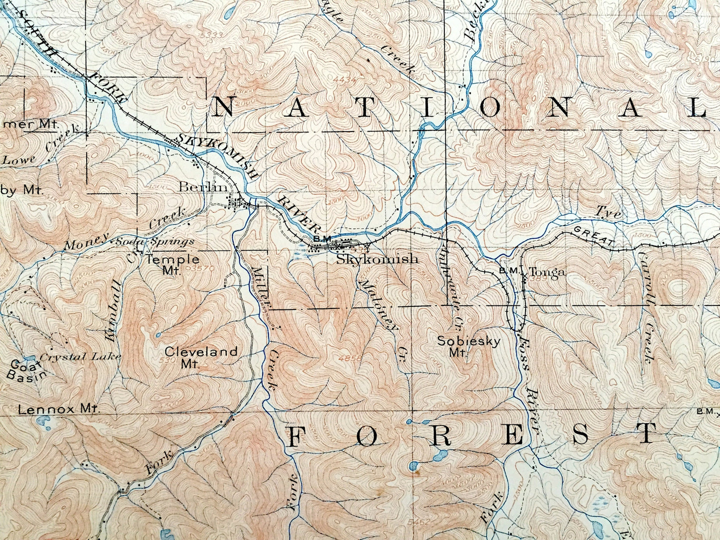 Antique Skykomish, Washington 1905 US Geological Survey Topographic Map – King County, Cascade Range, Wenatchee River, Tonga, Galena, Berlin