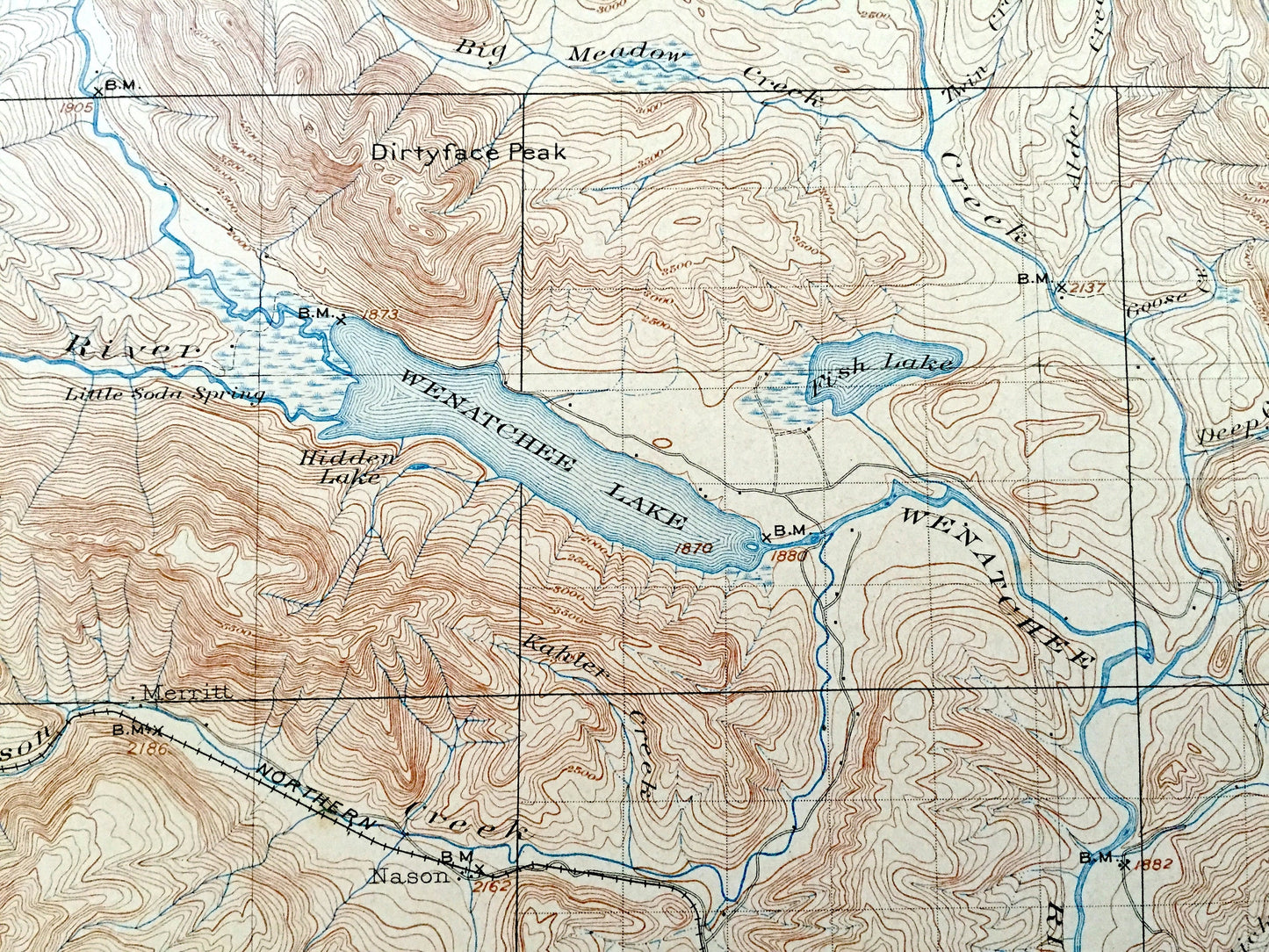 Antique Chiwaukum, Washington 1904 US Geological Survey Topographic Map – Chelan County, Wenatchee River, Entiat Mountains, Nason, Merritt