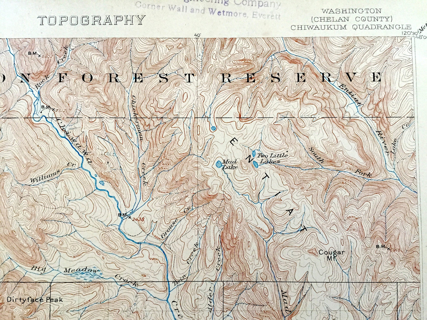 Antique Chiwaukum, Washington 1904 US Geological Survey Topographic Map – Chelan County, Wenatchee River, Entiat Mountains, Nason, Merritt