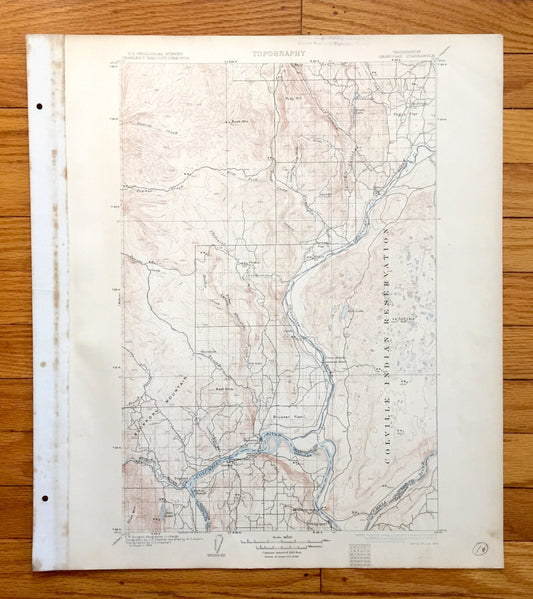 Antique Okanogan, Washington 1905 US Geological Survey Topographic Map – Okanogan County, Alma, Olema, Malott, Knowlton, Pateros, Bridgeport