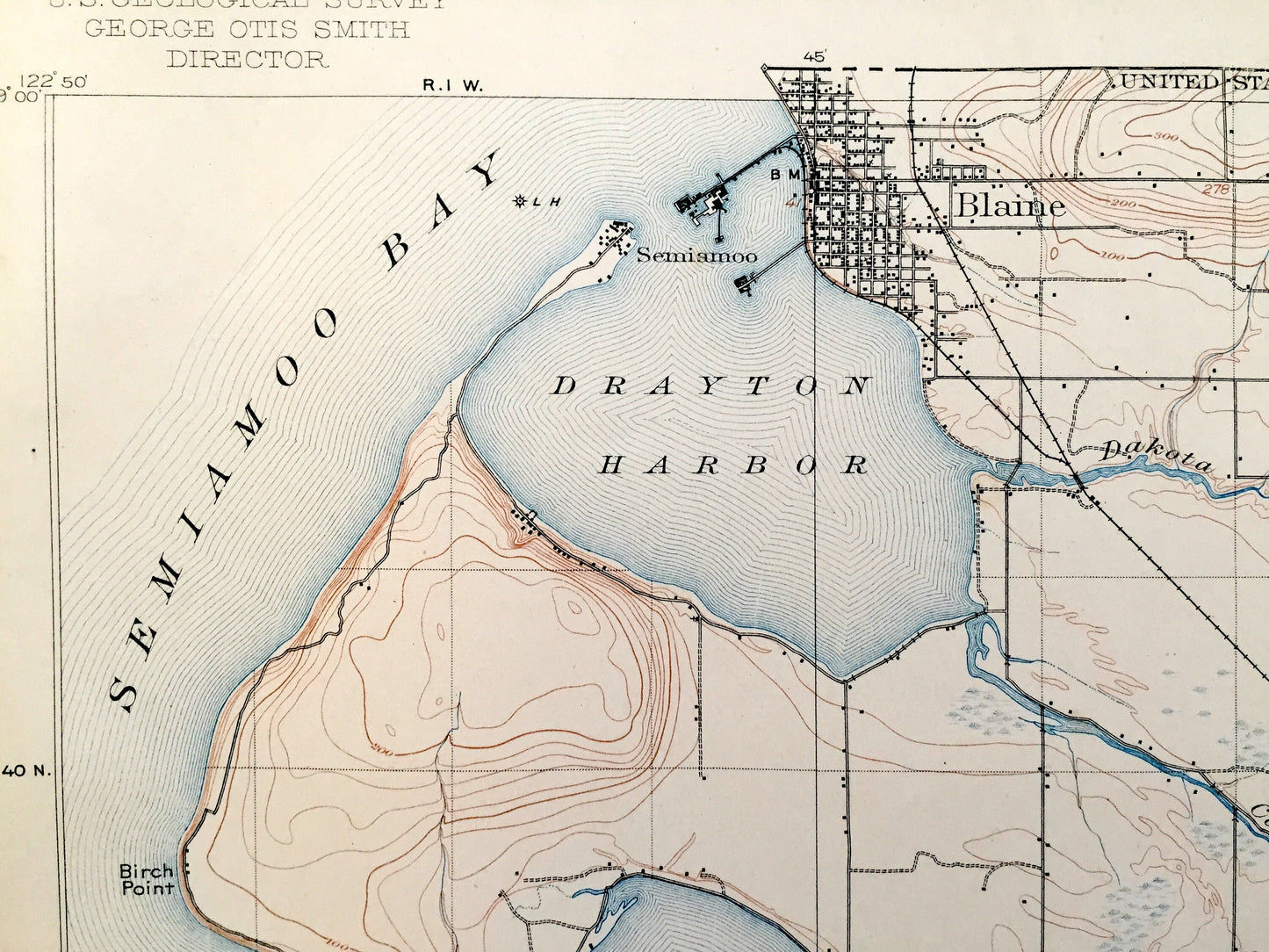 Antique Blaine, Washington 1907 US Geological Survey Topographic Map – Whatcom County, Bellingham, Ferndale, Marietta, Mountain View, WA