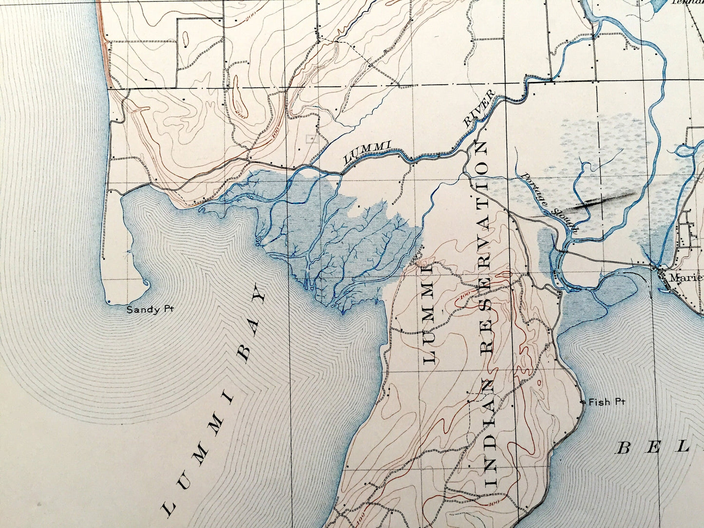 Antique Blaine, Washington 1907 US Geological Survey Topographic Map – Whatcom County, Bellingham, Ferndale, Marietta, Mountain View, WA