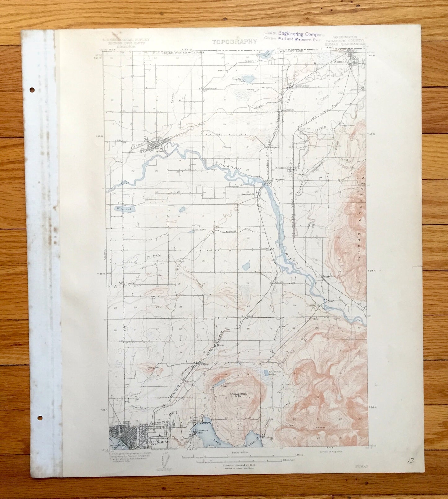 Antique Sumas, Washington 1908 US Geological Survey Topographic Map – Whatcom County, Bellingham, Lynden, Everson, Nooksak River, Lake, WA