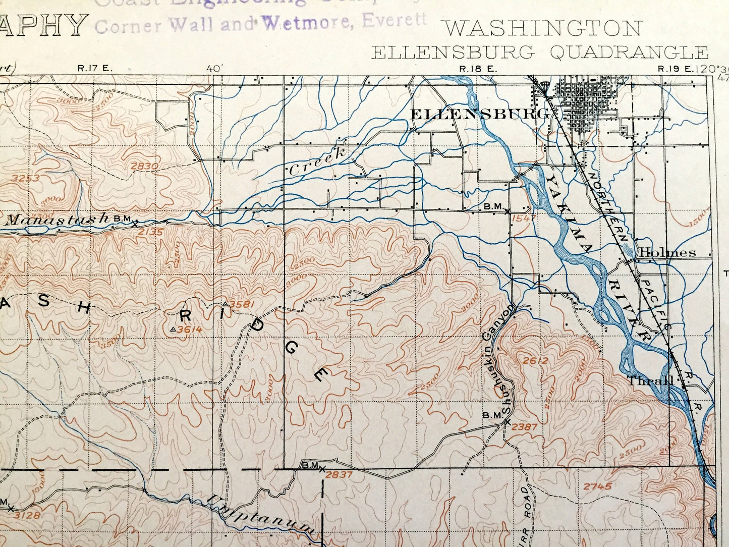 Antique Ellensburg, Washington 1901 US Geological Survey Topographic Map – Kittitas, Yakima County, North, Indian Reservation, Umtanum, WA