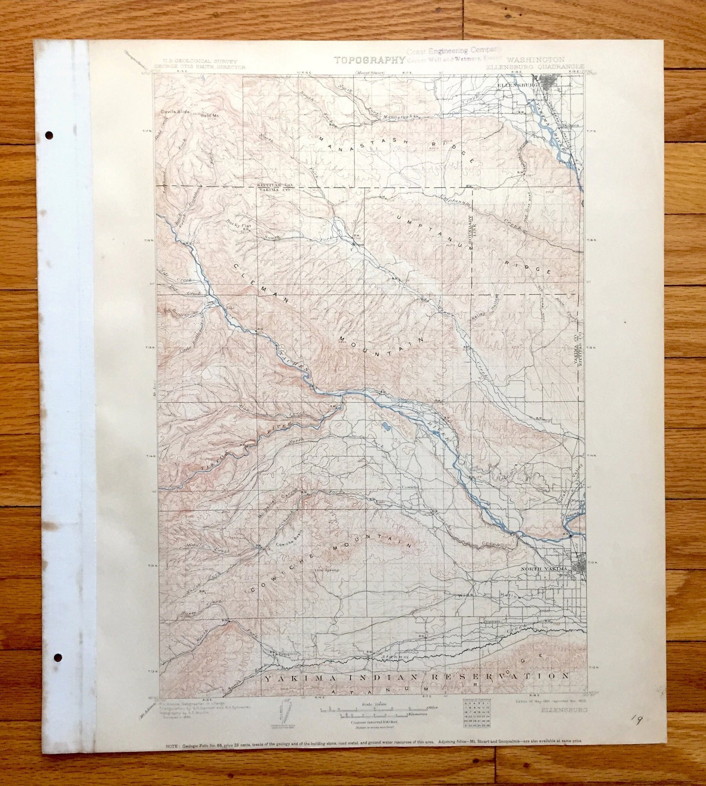 Antique Ellensburg, Washington 1901 US Geological Survey Topographic Map – Kittitas, Yakima County, North, Indian Reservation, Umtanum, WA