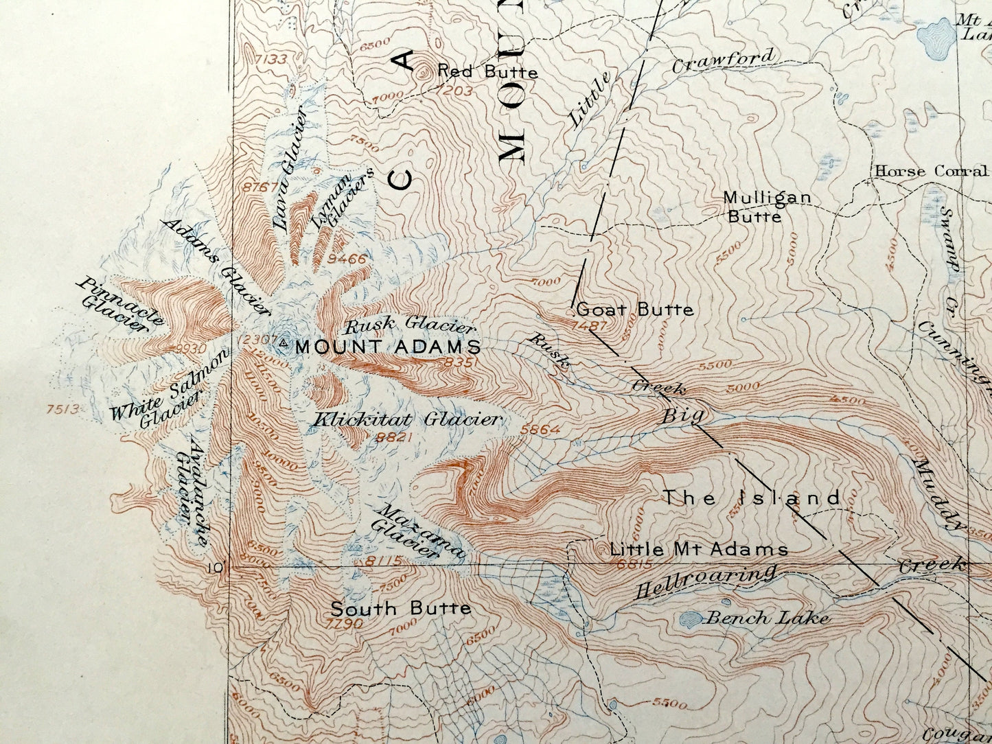 Antique Mount Adams, Washington 1907 US Geological Survey Topographic Map – Yakima, Klickitat County, Mt Rainier National Park, Lewis, WA