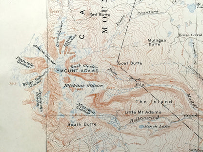 Antique Mount Adams, Washington 1907 US Geological Survey Topographic Map – Yakima, Klickitat County, Mt Rainier National Park, Lewis, WA